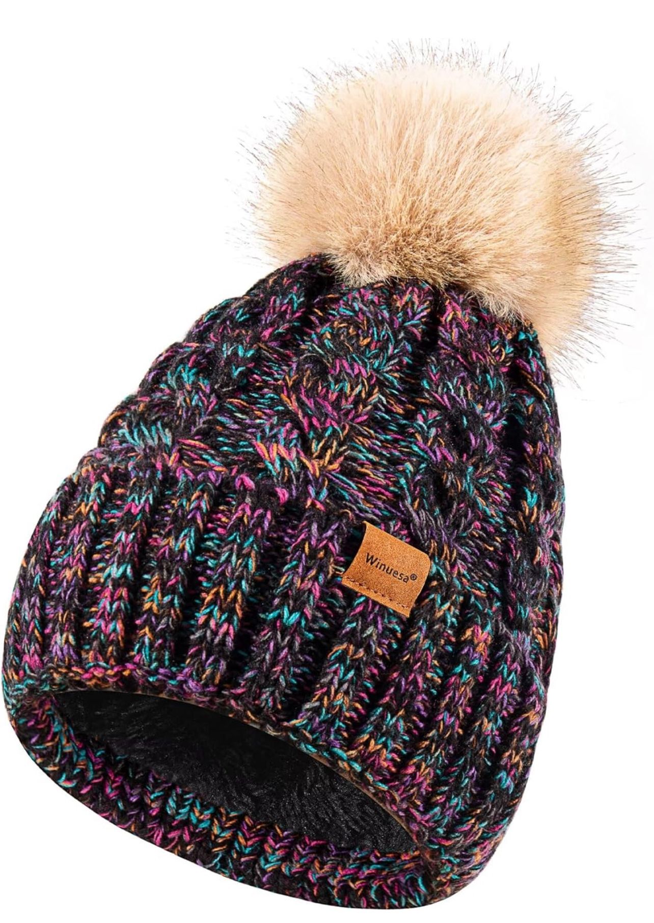 Winter Hats for Women with Pom Pom, Womens Beanie Fleece Lined for Cold Weather, Multicolor Ski Skull Cap for Ladies