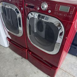 Front load LG washer and front load LG dryer square doors red color high efficiency with pedestals 