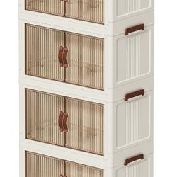 Stackable Storage Bins Cabinet with Lid and Wheels, Plastic Foldable Storage Bins-Collapsible Storage Containers with Doors for Clothes, Home, Room, W