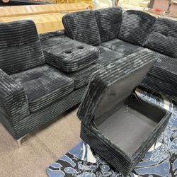 BLACK SOFT CORDUROY SECTIONAL WITH OTTOMAN COUCH SET 
