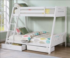Brand New White Twin Over Full Bunk Bed w Trundle Drawers