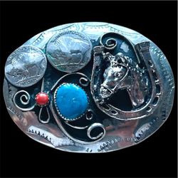 HEAVY VINTAGE NATIVE AMERICAN JEWELRY NAVAJO END OF TRAIL TURQUOISE CORAL STERLING SILVER BELT BUCKLE