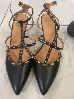 INC Carma Black W/Gold Studs Evening~ Career 2.5" Heel Slingback 8M