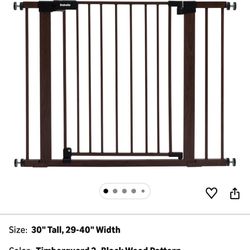 BABELIO 29-40" Metal Baby Gate with Black Wood Pattern, Auto Close Dog Door for The House、Stairs and Doorways, Pressure Mounted Pet Barrier, with Wall