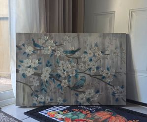 Beautiful Floral & Blue Bird Canvas Wall Art – 24" x 36"