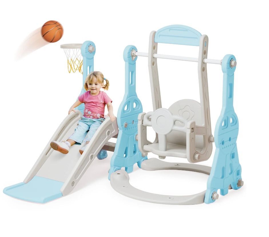 Ealing Toddler Slide Swing Set for Age 1-3  Indoor Baby Swing Toys Playset with Climber&Basketball Hoop,Blue(V062)
