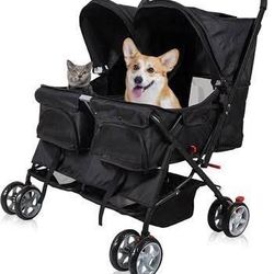 New Pet Stroller Twin Folding Dog Cat Carrier Travel Cart, Black