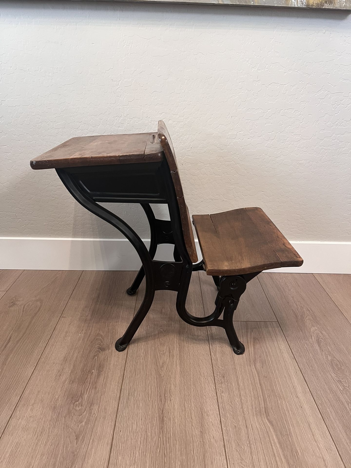 Antique American Seating Co. #5 School Desk with Folding Seat, Wood & Cast Iron