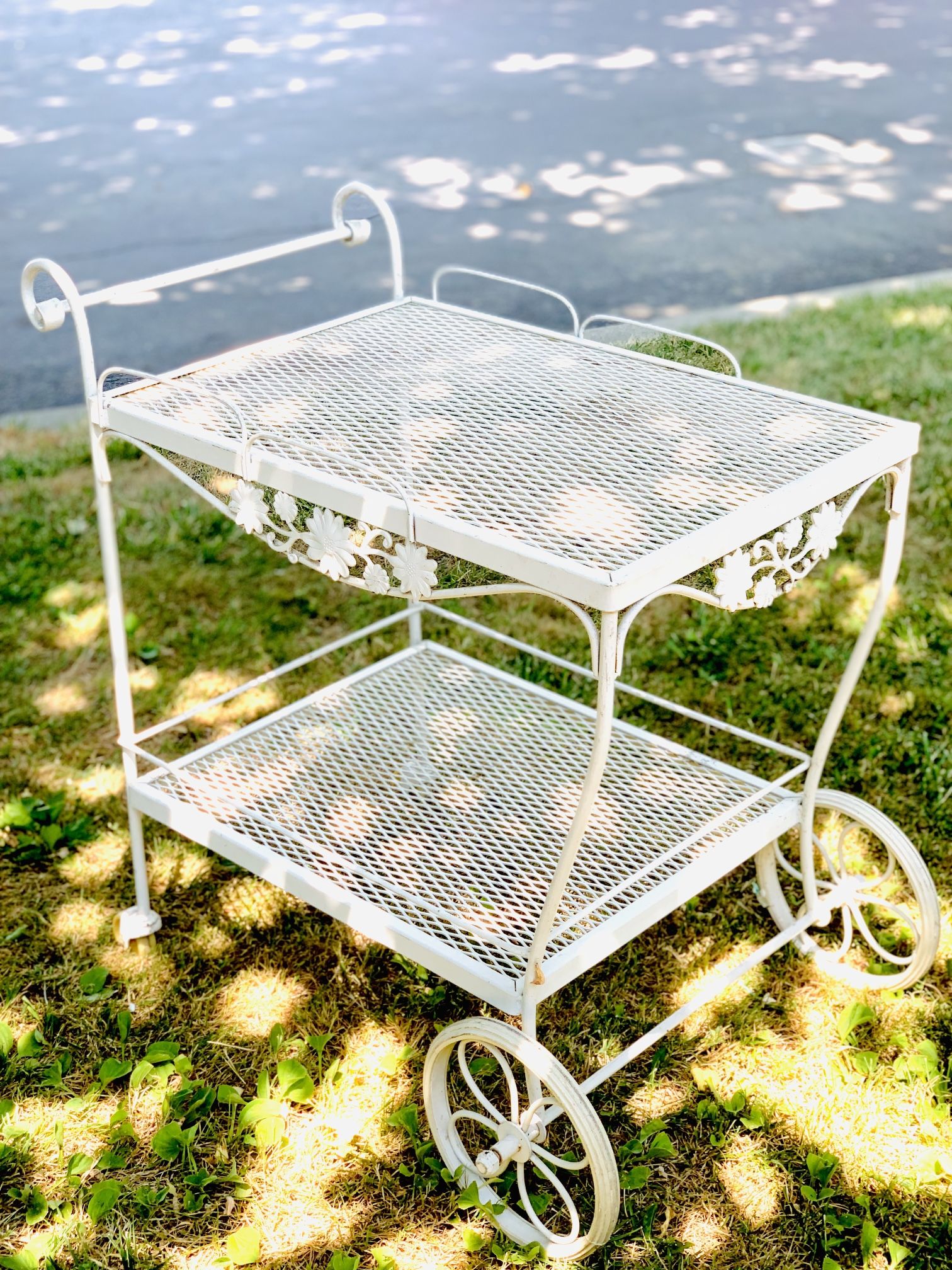 vintage wrought iron metal rolling serving tea (or bar) cart