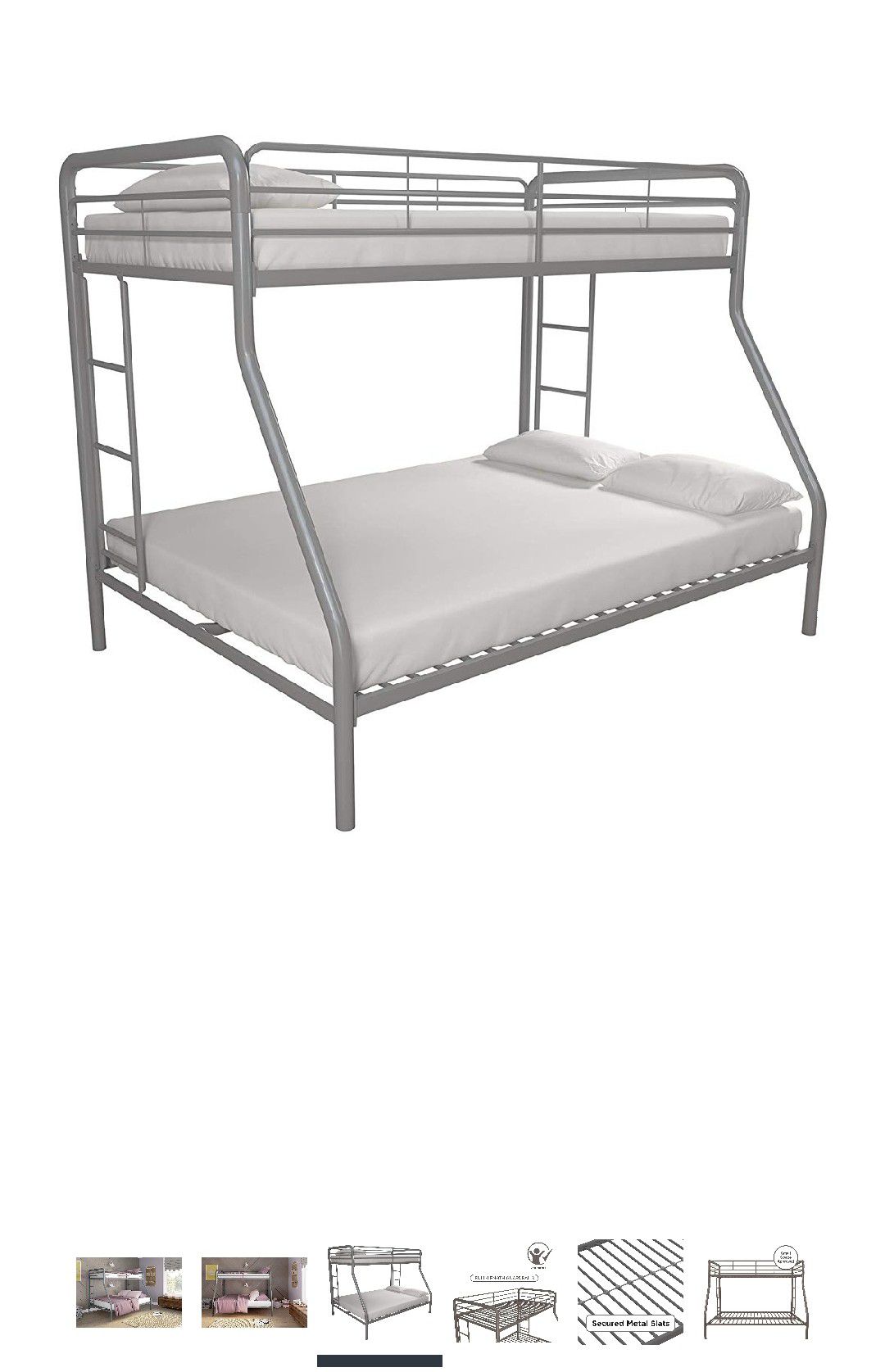 Twin Over Full Bunk Bed with Metal Frame and Ladder, Silver