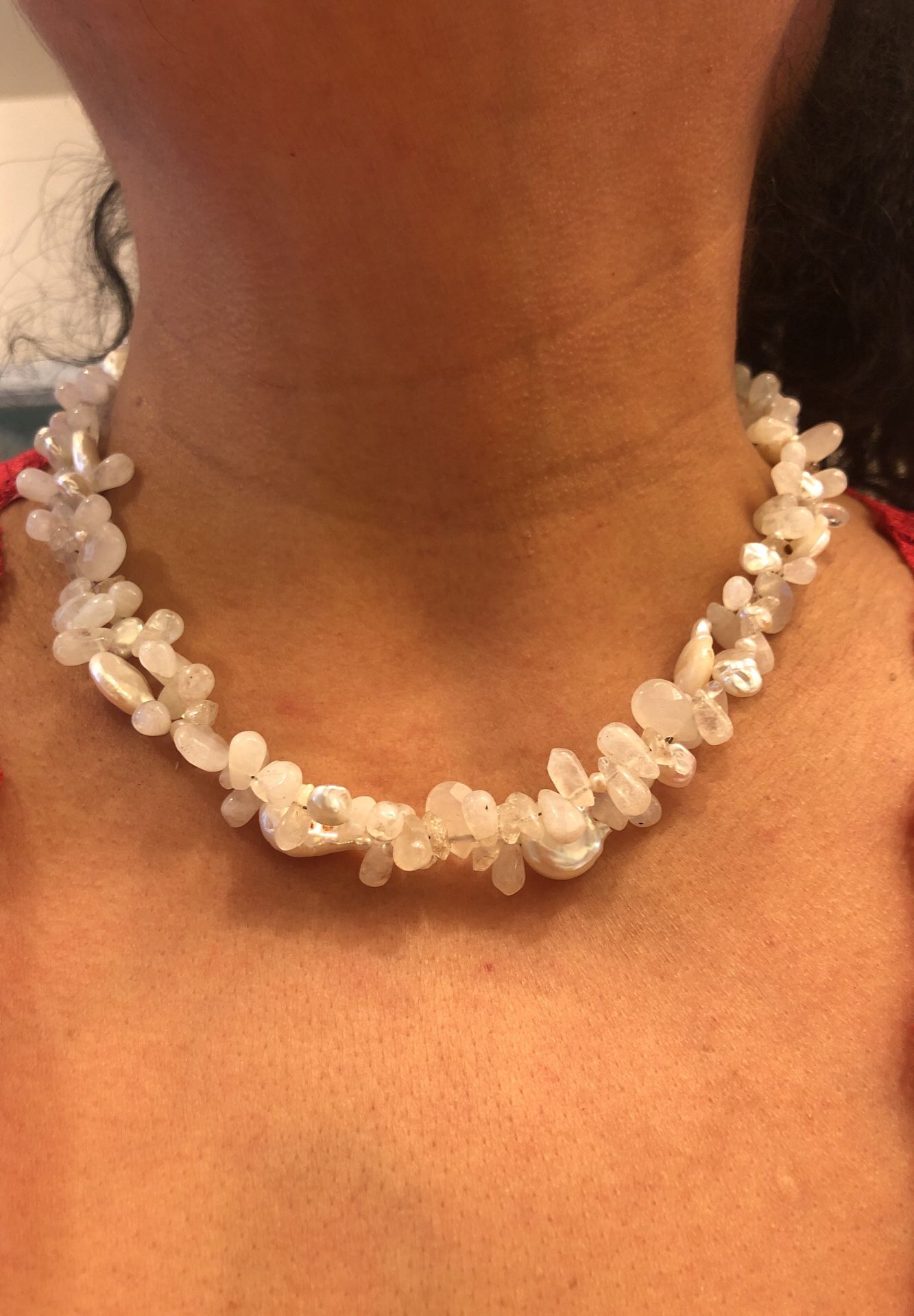 Beaded pearls , moonstone & crystal quartz necklace