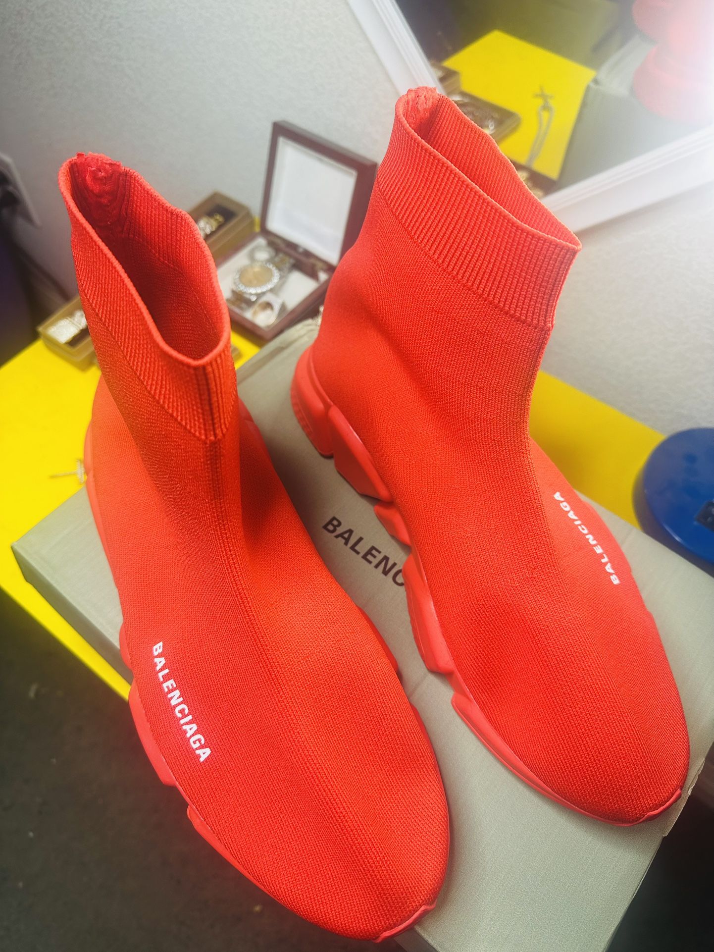 New Men's Balenciaga Speed Trainer Designer Shoes Red White Size 10