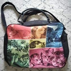 LIFE Cat Print Shoulder Bag – Colorful Photo Collage – Black Laptop/Travel Tote
