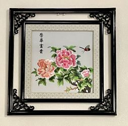 Chinese embroidery flowers and butterfly with nice wooden frame 21” X 21”