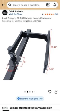 Quick Products QP-BGA Bumper-Mounted Swing Arm Assembly for Grilling, Tailgating, and More