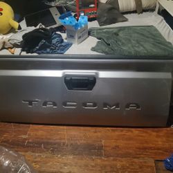 Toyota Tacoma tailgate 2018 silver with black letters tailgate.