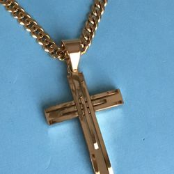 Gold On Stainless Steel Detailed 1.5” Cross On Cuban Chain *Pickup Boca Raton Or Ship Nationwide