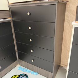New Gray Base Wood With All Black 5 Drawer Dresser Chest 