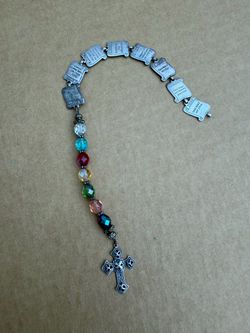 Vintage 1960s-80s Ten Commandments Bracelet Cross Faceted Beads Silver Tone