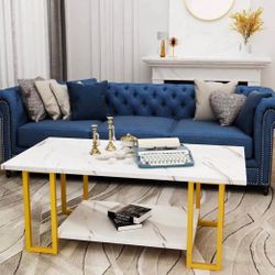   AWQM Marble Coffee Table with Storage Shelves, Faux Marble Table Top Rectangular Coffee Table , Modern 2-Tier Storage Living Room