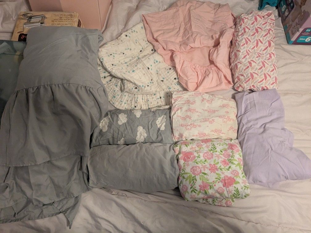 Crib Skirt And Sheets And Change Pad Covers
