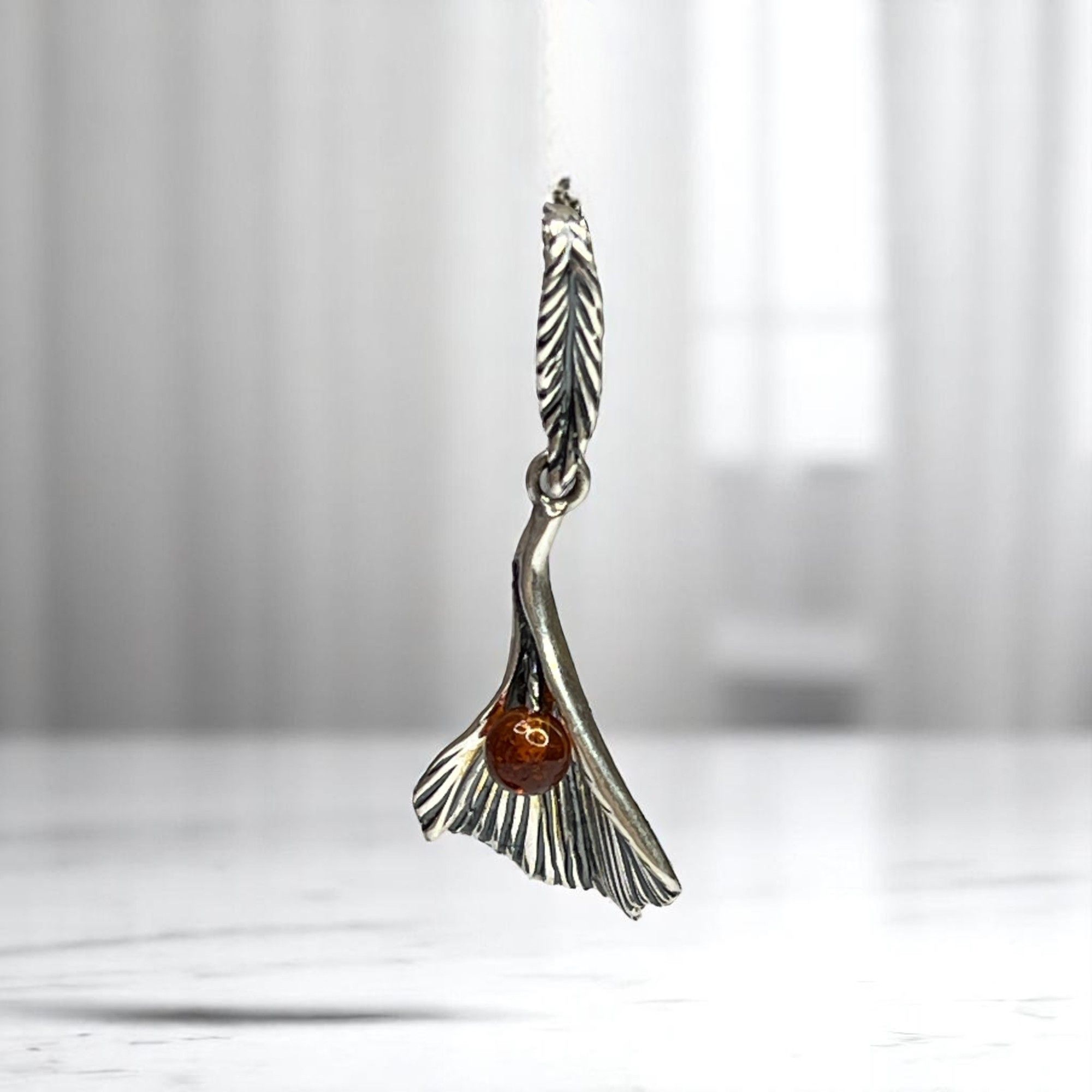 Cognac Amber Sterling Silver 925 Pendant With Leaf Design Elegant Jewelry
