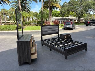 Modern Full Size Dark Wood Bedroom Set with Bed Frame, Dresser, Mirror, and Nightstand