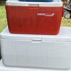 2 Coleman coolers- 1 marine Cooler with Rope Handles & 1 red cooler