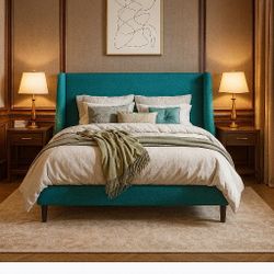 Queen Bed Frame Queen Size with Upholstered Headboard – Sleek Wingback Design, Reinforced Wood Slat Support, Light Grey
