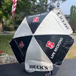 Patio Outdoor Umbrella- Beck’s Beer Large Vinyl 7ft Outdoor Umbrella NEW with Becks Tap Handle