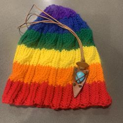 Hand Knitted PRIDE Hat & Turquoise Leather Necklace Set