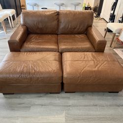 Leather Couch With 2 Ottomans