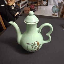 Vintage Celedon Teapot/Sake Pitcher With Crane Motif, A Unique Piece For An Enthusiast Of Asian Items 8"H X 7.75"W 