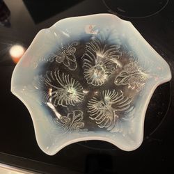 Antique Dugan Glass Company Opalescent Palm & Scroll Footed Bowl.