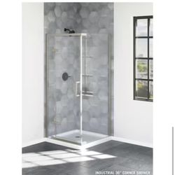 Delta Industrial 36 in. W x 76 in. H Square Pivot Frameless Corner Shower Enclosure in Stainless with Clear Glass