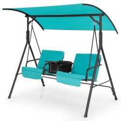 2-Person Canopy Metal Porch Swing Padded Chair Cooler Bag Rotatable Tray Turquoise

