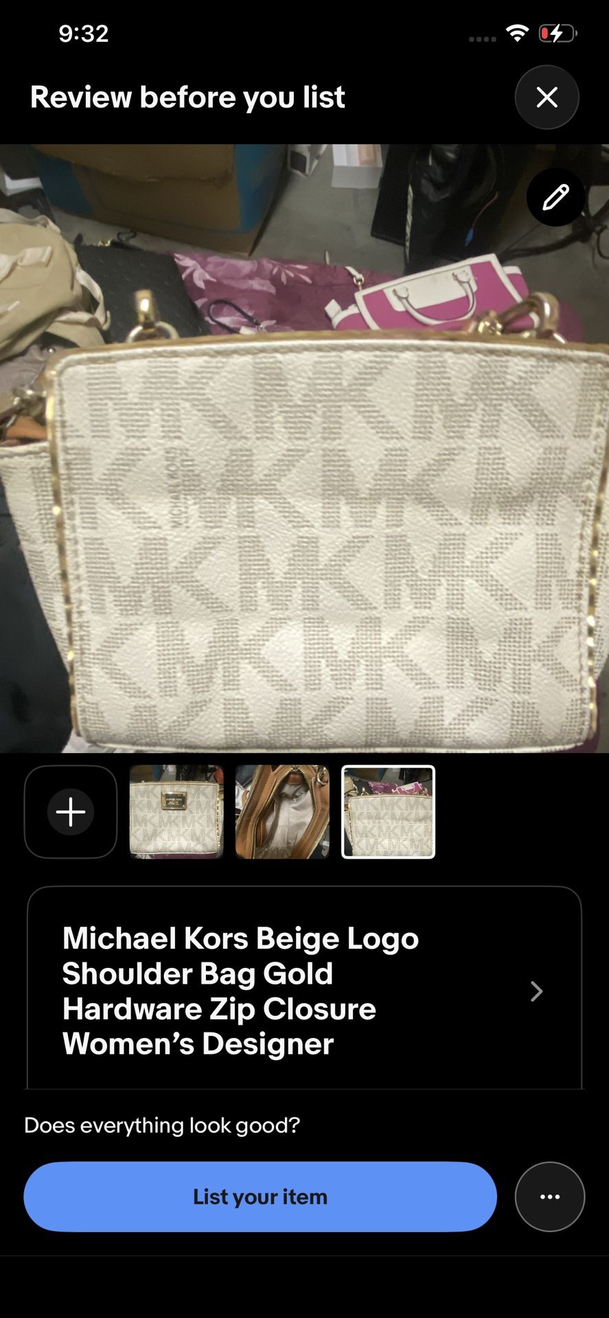Michael Kors Beige Logo Shoulder Bag Gold Hardware Zip Closure Women’s Designer