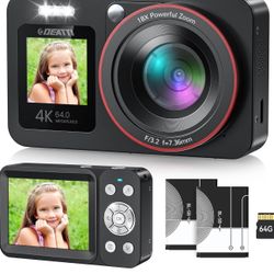 Digital Camera,FHD 4K 64MP Camera with Dual Screens 64GB SD Card 2 Batteries,Digital Point and Shoot Camera,18X Zoom,Anti Shake Portable Rechargeable 