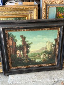 Vintage European Landscape Painting – Castle Ruins Scene – Ornate Gold & Black Frame