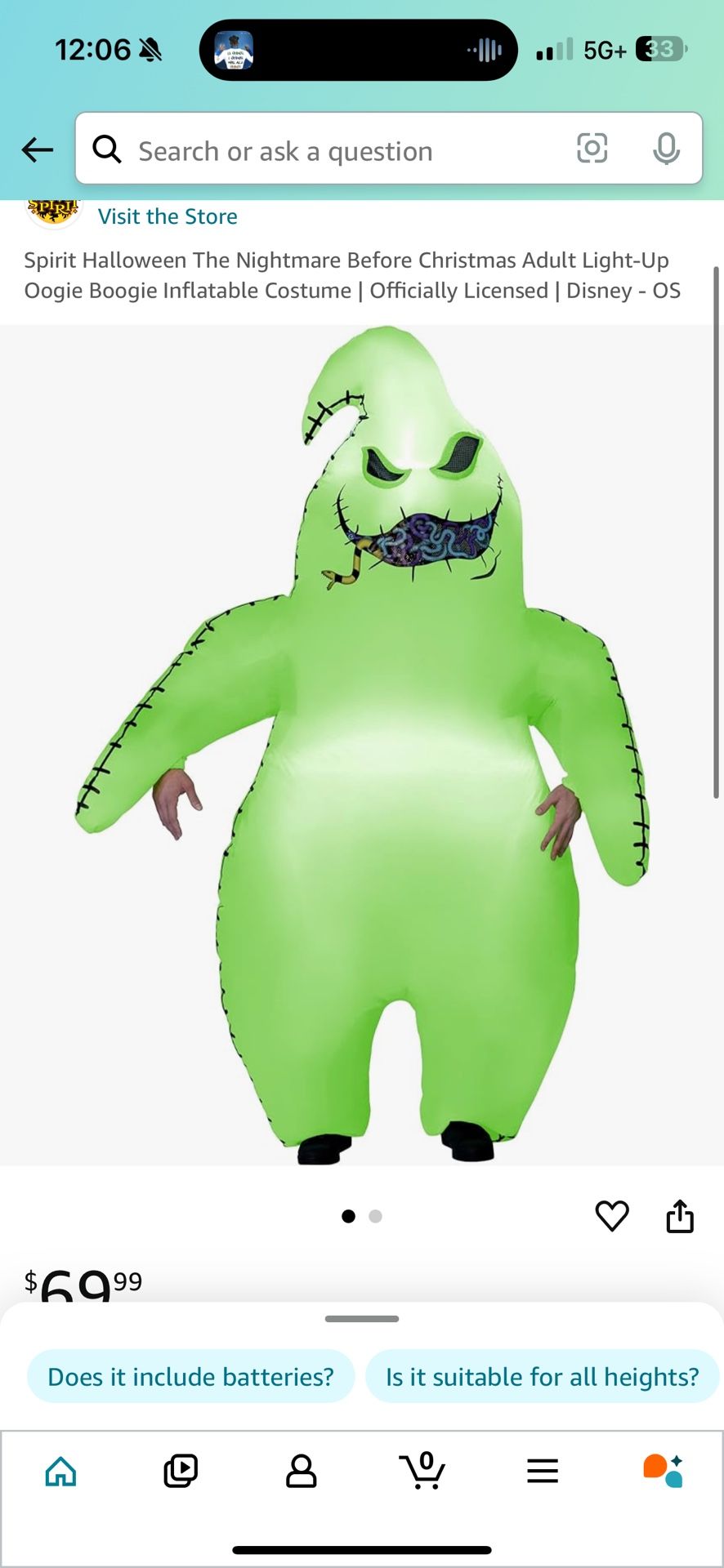 Spirit Halloween The Nightmare Before Christmas Adult Light-Up Oogie Boogie Inflatable Costume | Officially Licensed | Disney - OS