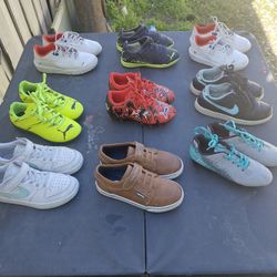9 pairs of Boys / Youth Tennis Shoes/ Cleats and Motorsport Shoes - All size 12