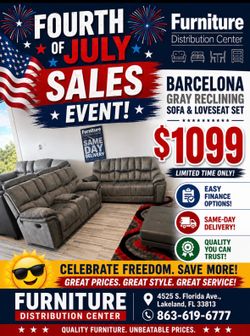 Fourth of July sale now. Barcelona gray reclining sofa and loveseat set $1099. Easy finance. Same-day delivery.