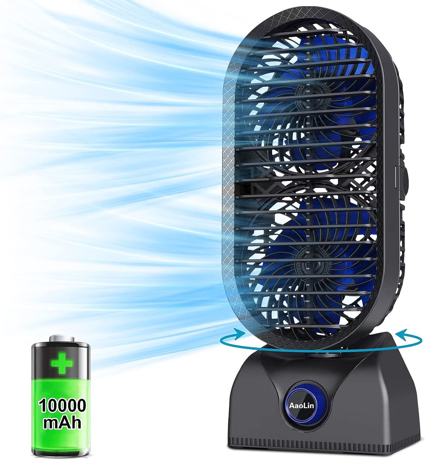 Desk Tower Fan, 10000mAh Rechargeable Oscillating Table Fan, Max Last 30Hrs, 11'' Portable Fan, 120° Oscillation for Powerful Circulation, Stepless Sp