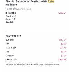 🎟️ 2 Tickets for Reba McEntire at the Florida Strawberry Festival – FOR SALE! 🎟️
