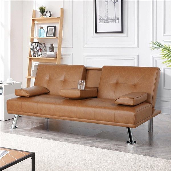 New LuxuryGoods Modern Faux Leather Futon with Cup Holders, Brown