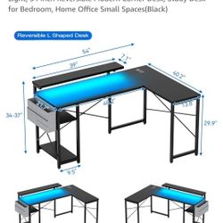 L Shaped Computer Gaming Desk with Power Outlet & LED Light, 54 Inch Reversible Modern Corner Desk, Study Desk for Bedroom, Home Office Small Spaces(B