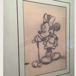 Walt Disney Parks Mickey & Minnie Playing Golf Carbon Pencil Sketch Matted