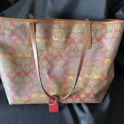 Coach Multicolor Logo Tote Bag Brown Leather