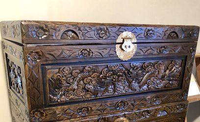 Beautifully hand carved Dragons on a Camphor wood chest with brass clasps Large- Medium -Small