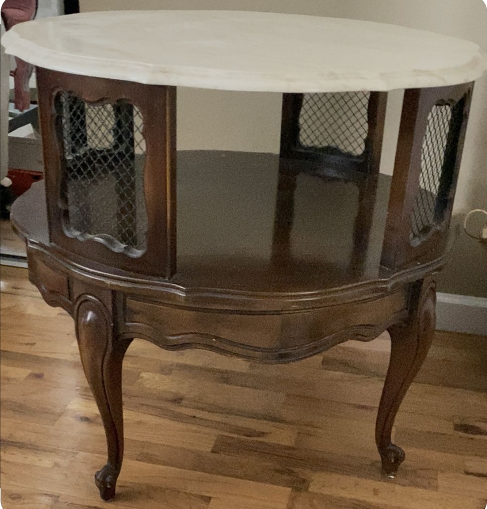Antique Round Wood Marble Top 2 Tier Accent Table